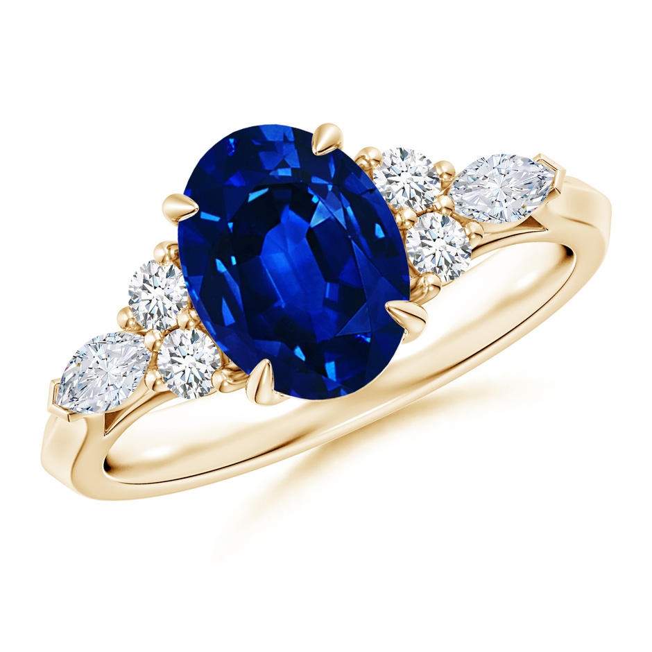 9x7mm Lab-Grown Oval Blue Sapphire Side Stone Engagement Ring with Diamonds in Yellow Gold 