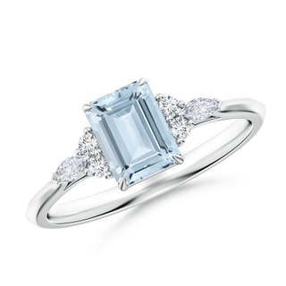 7x5mm A Emerald-Cut Aquamarine Side Stone Engagement Ring with Diamonds in S999 Silver