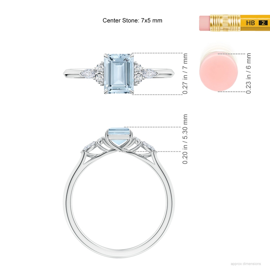 7x5mm A Emerald-Cut Aquamarine Side Stone Engagement Ring with Diamonds in White Gold ruler