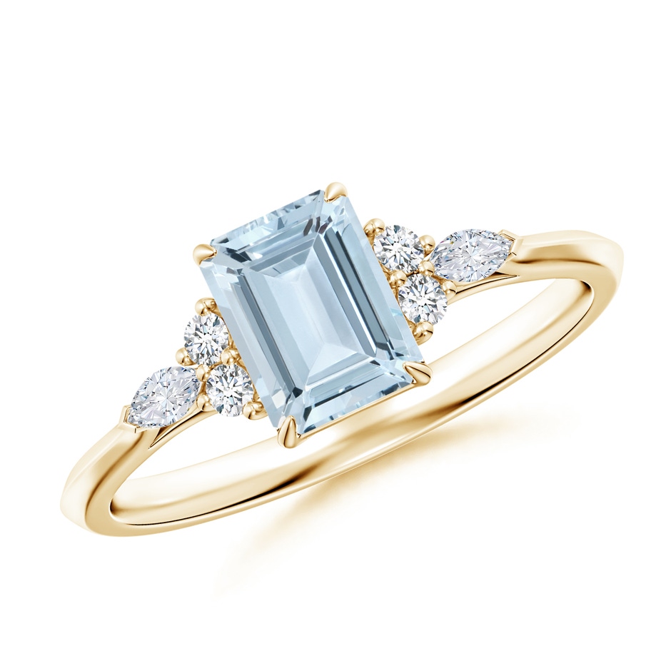 7x5mm A Emerald-Cut Aquamarine Side Stone Engagement Ring with Diamonds in Yellow Gold 