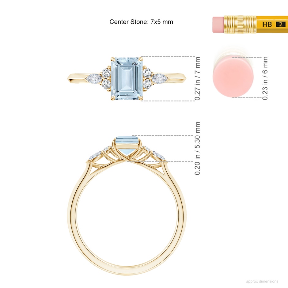 7x5mm A Emerald-Cut Aquamarine Side Stone Engagement Ring with Diamonds in Yellow Gold ruler