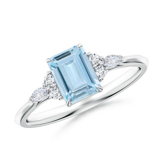 7x5mm AA Emerald-Cut Aquamarine Side Stone Engagement Ring with Diamonds in S999 Silver