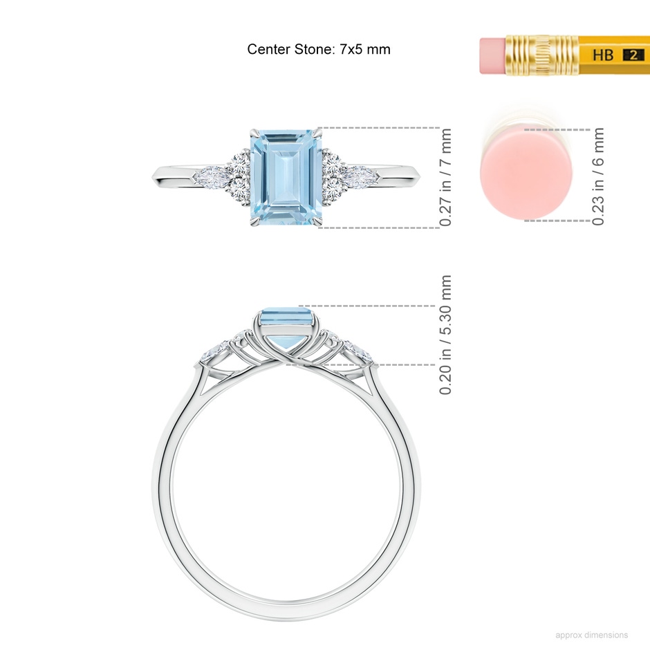 7x5mm AA Emerald-Cut Aquamarine Side Stone Engagement Ring with Diamonds in S999 Silver ruler