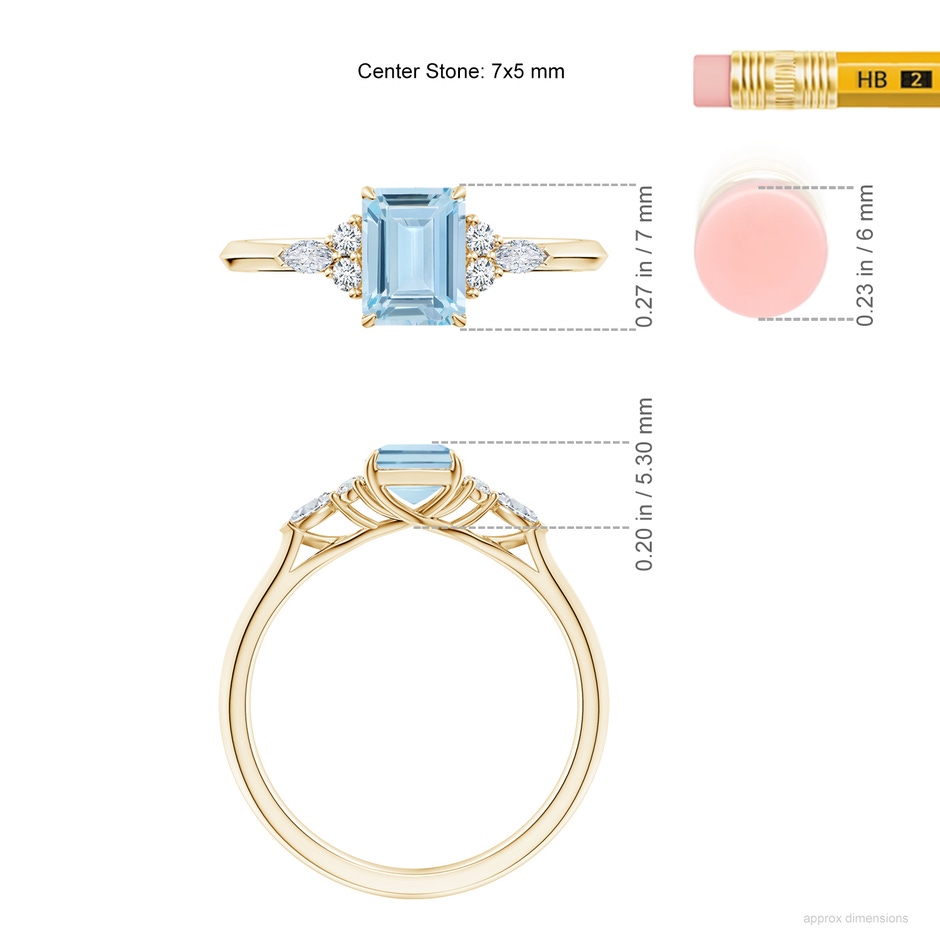 7x5mm AA Emerald-Cut Aquamarine Side Stone Engagement Ring with Diamonds in Yellow Gold ruler
