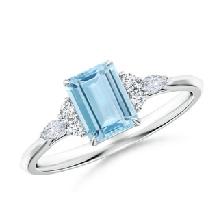 7x5mm AAA Emerald-Cut Aquamarine Side Stone Engagement Ring with Diamonds in S999 Silver