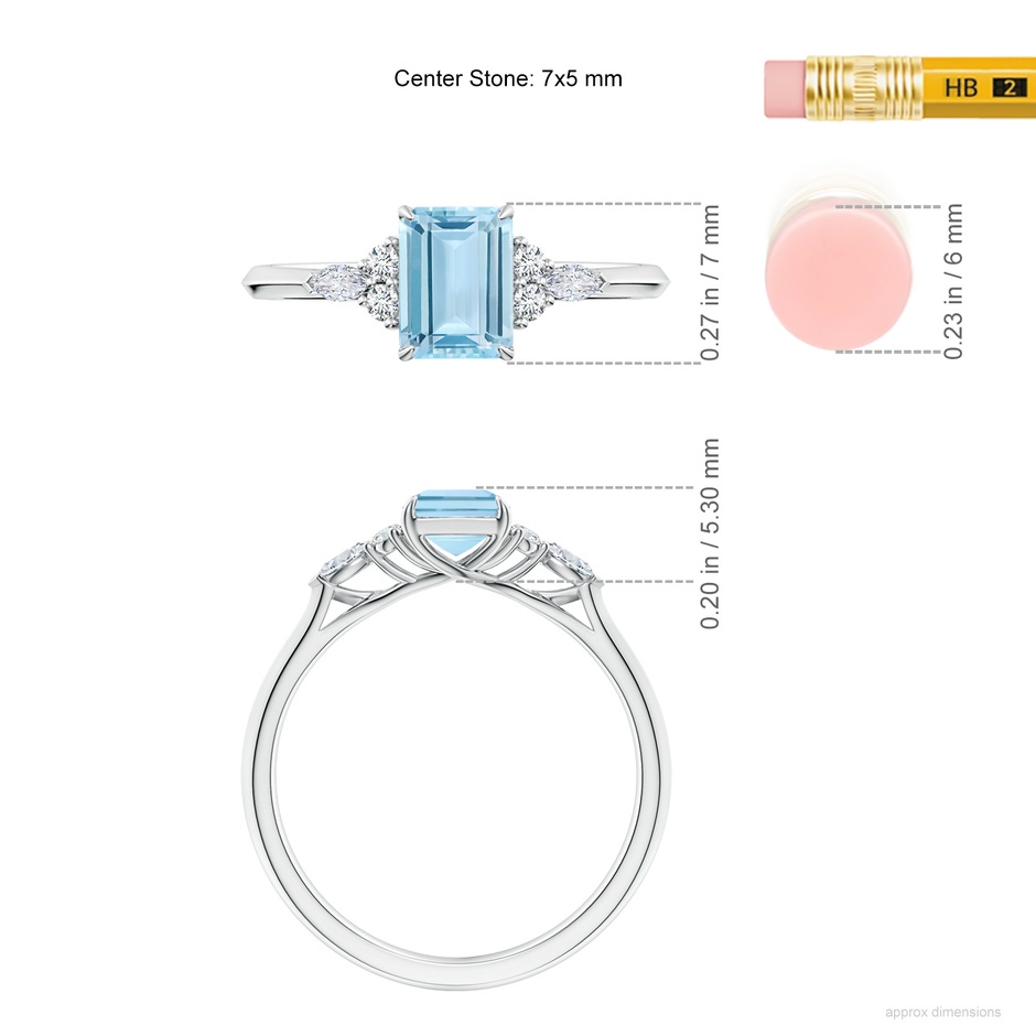 7x5mm AAA Emerald-Cut Aquamarine Side Stone Engagement Ring with Diamonds in S999 Silver ruler
