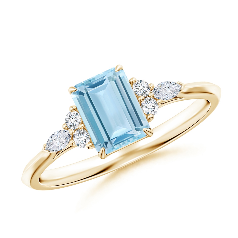 7x5mm AAA Emerald-Cut Aquamarine Side Stone Engagement Ring with Diamonds in Yellow Gold 