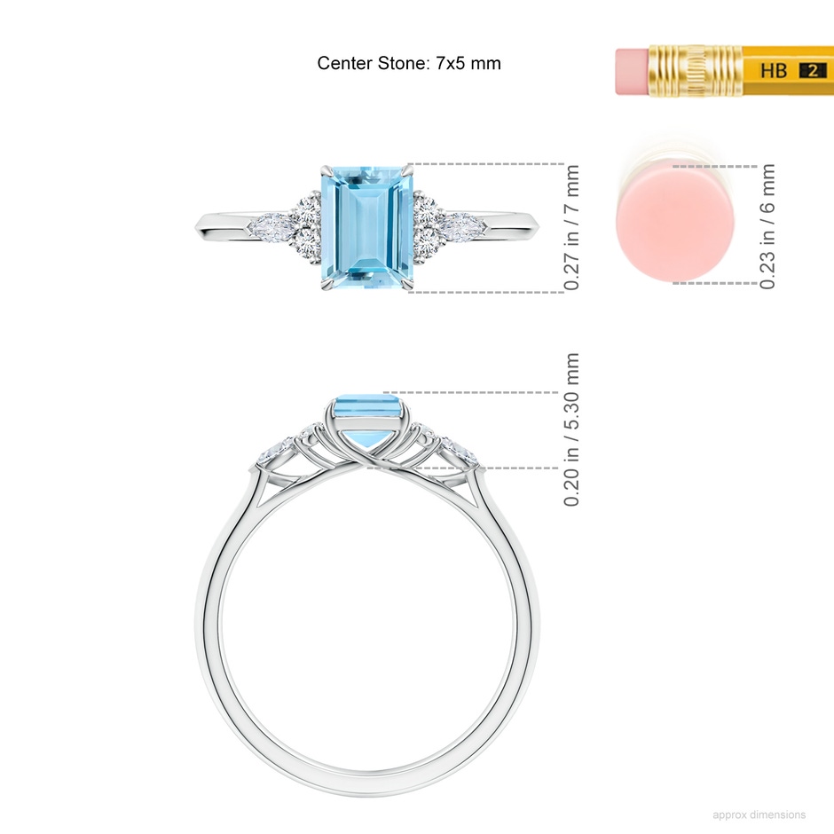 7x5mm AAAA Emerald-Cut Aquamarine Side Stone Engagement Ring with Diamonds in P950 Platinum ruler