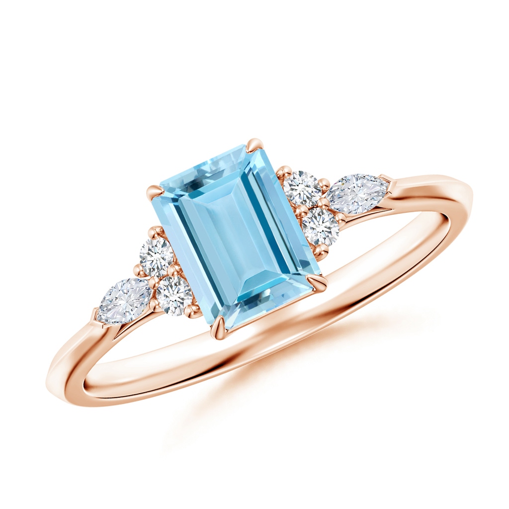 7x5mm AAAA Emerald-Cut Aquamarine Side Stone Engagement Ring with Diamonds in Rose Gold