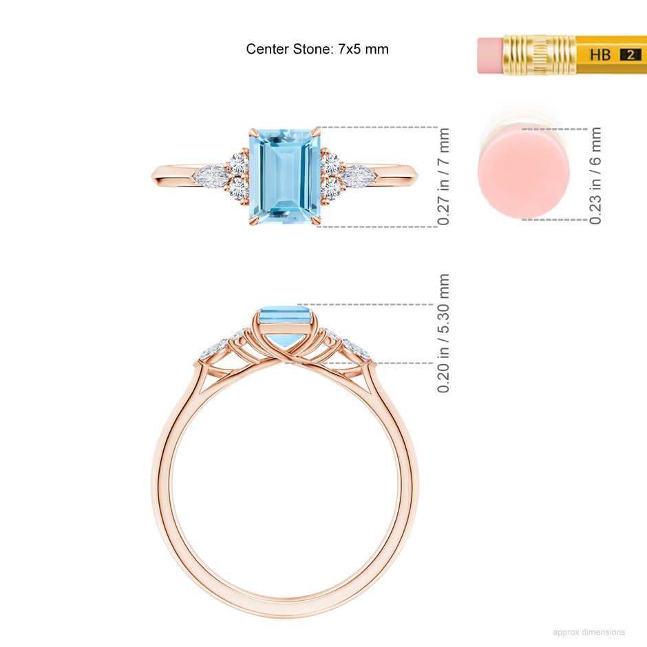 7x5mm AAAA Emerald-Cut Aquamarine Side Stone Engagement Ring with Diamonds in Rose Gold ruler