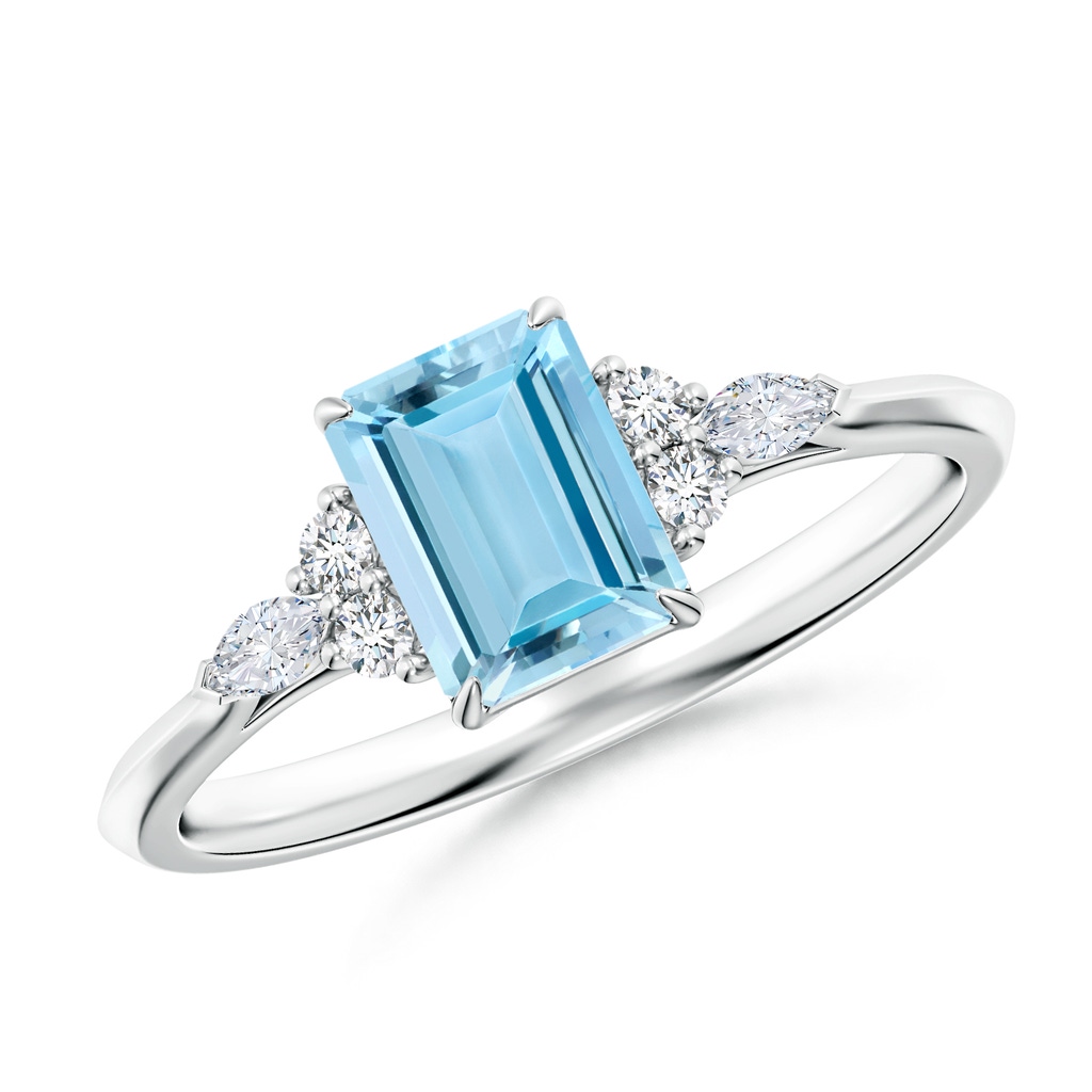 7x5mm AAAA Emerald-Cut Aquamarine Side Stone Engagement Ring with Diamonds in White Gold