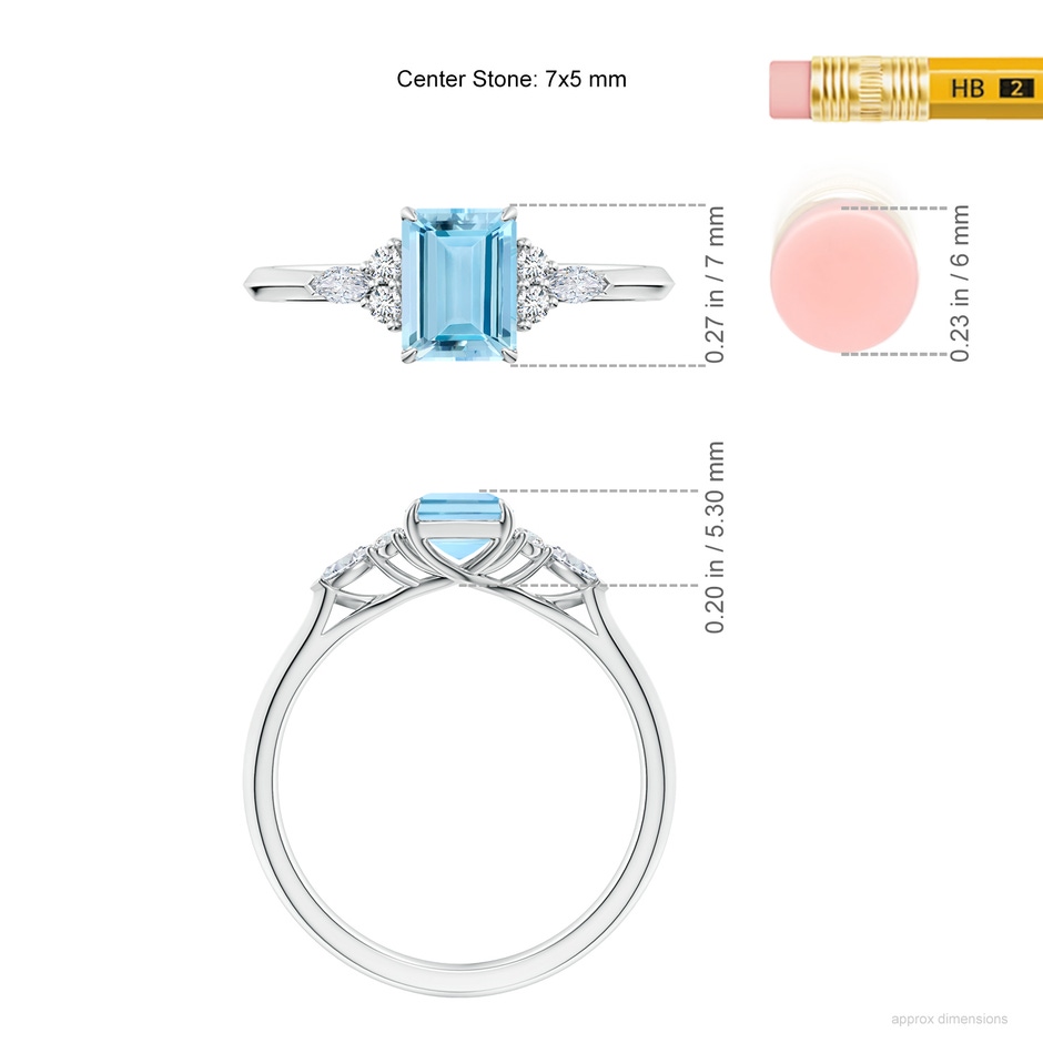 7x5mm AAAA Emerald-Cut Aquamarine Side Stone Engagement Ring with Diamonds in White Gold ruler