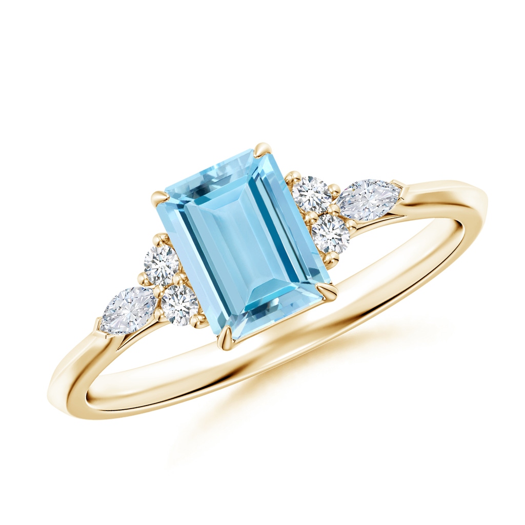7x5mm AAAA Emerald-Cut Aquamarine Side Stone Engagement Ring with Diamonds in Yellow Gold
