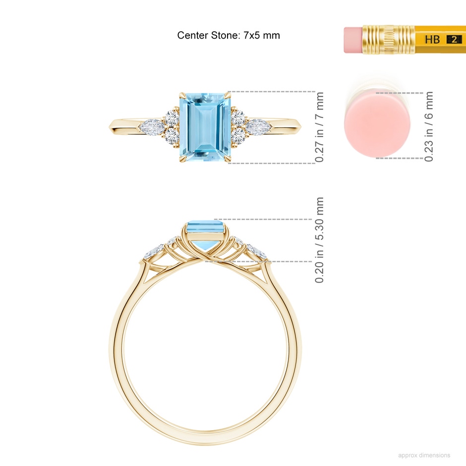 7x5mm AAAA Emerald-Cut Aquamarine Side Stone Engagement Ring with Diamonds in Yellow Gold ruler