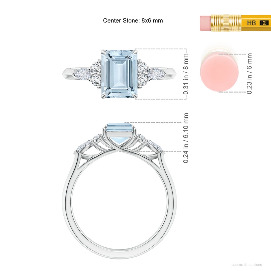 8x6mm A Emerald-Cut Aquamarine Side Stone Engagement Ring with Diamonds in P950 Platinum ruler