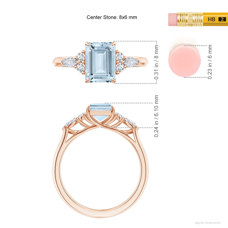 8x6mm A Emerald-Cut Aquamarine Side Stone Engagement Ring with Diamonds in Rose Gold ruler