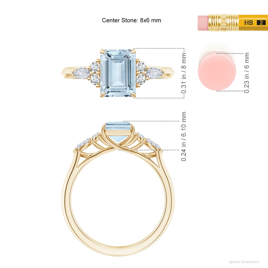 8x6mm A Emerald-Cut Aquamarine Side Stone Engagement Ring with Diamonds in Yellow Gold ruler