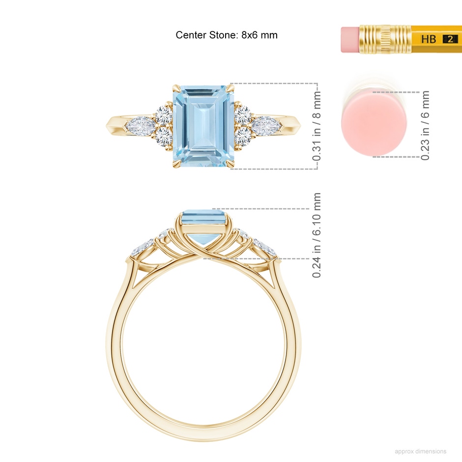 8x6mm AA Emerald-Cut Aquamarine Side Stone Engagement Ring with Diamonds in Yellow Gold ruler