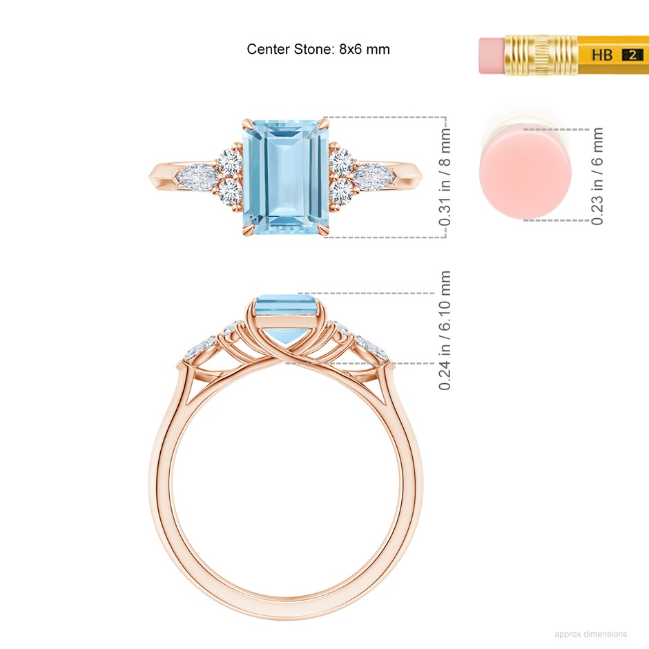 8x6mm AAA Emerald-Cut Aquamarine Side Stone Engagement Ring with Diamonds in Rose Gold ruler