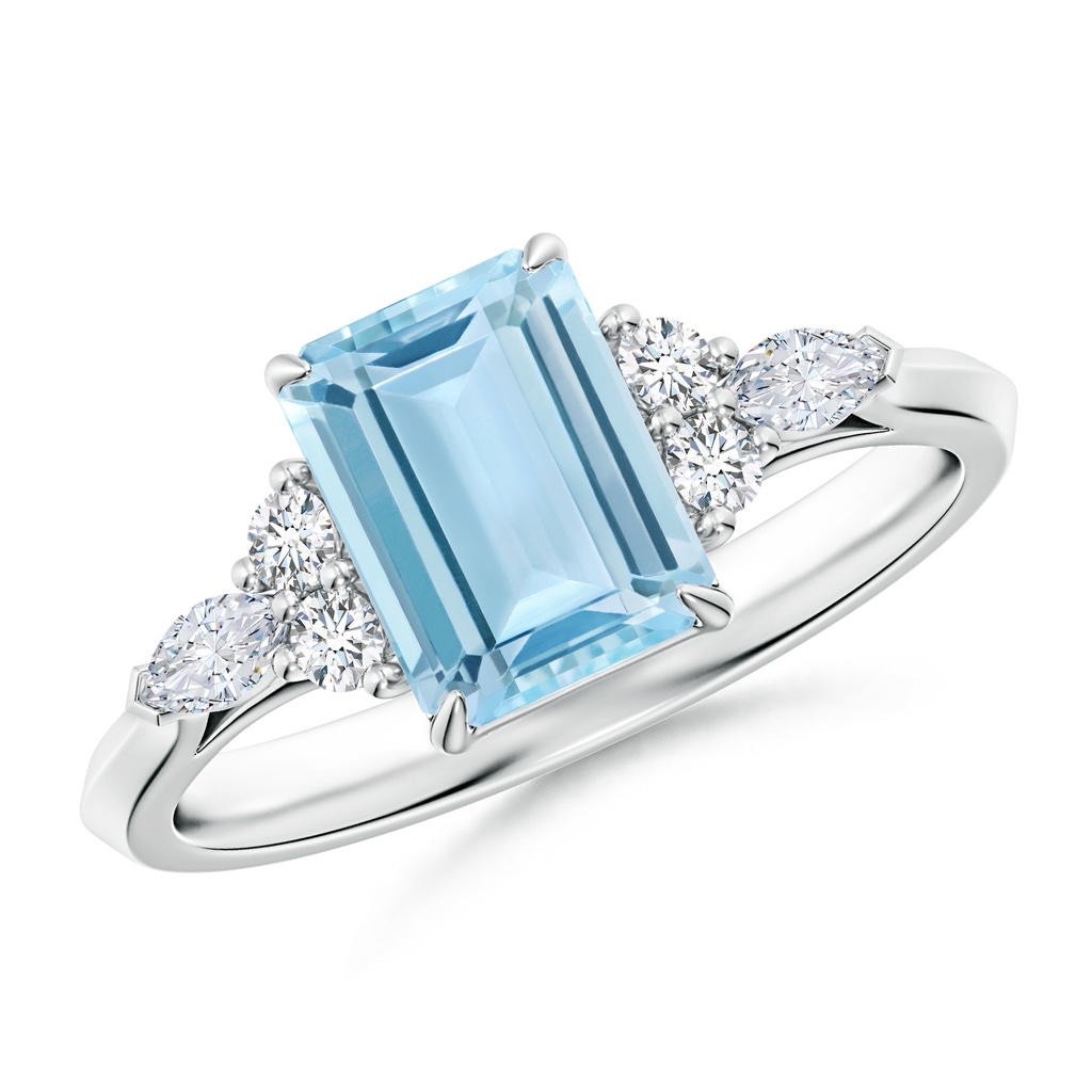 8x6mm AAA Emerald-Cut Aquamarine Side Stone Engagement Ring with Diamonds in White Gold