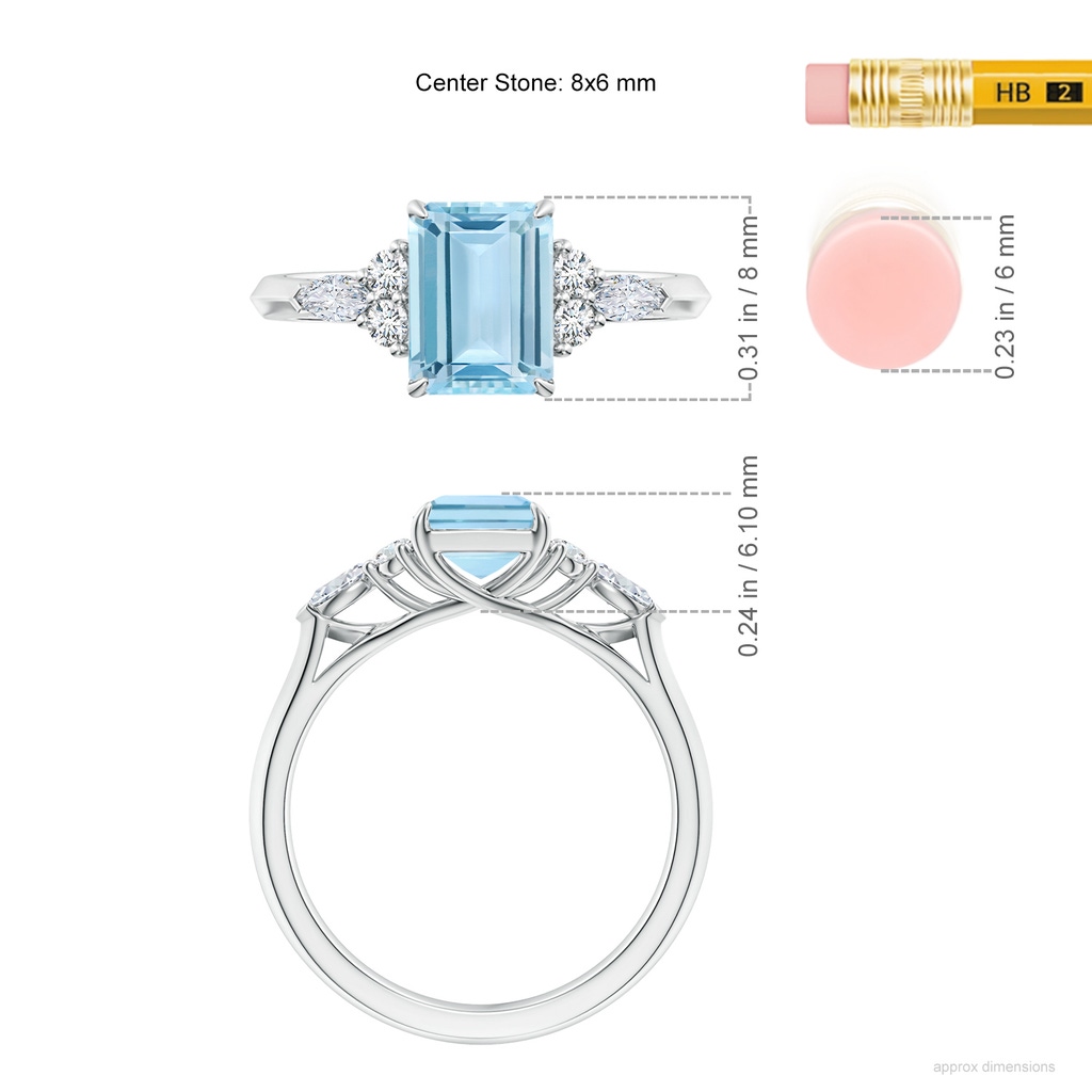 8x6mm AAA Emerald-Cut Aquamarine Side Stone Engagement Ring with Diamonds in White Gold ruler