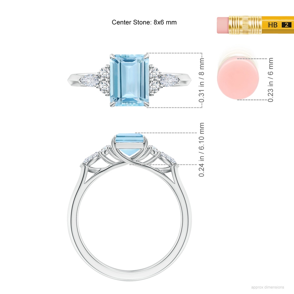 8x6mm AAA Emerald-Cut Aquamarine Side Stone Engagement Ring with Diamonds in White Gold ruler