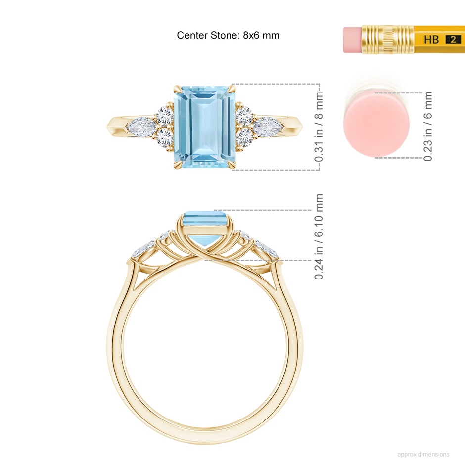 8x6mm AAA Emerald-Cut Aquamarine Side Stone Engagement Ring with Diamonds in Yellow Gold ruler