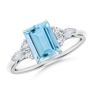 8x6mm AAAA Emerald-Cut Aquamarine Side Stone Engagement Ring with Diamonds in P950 Platinum