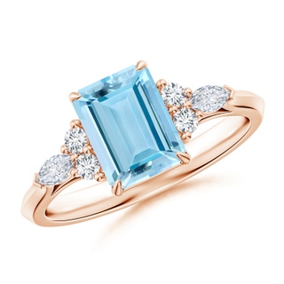 8x6mm AAAA Emerald-Cut Aquamarine Side Stone Engagement Ring with Diamonds in Rose Gold