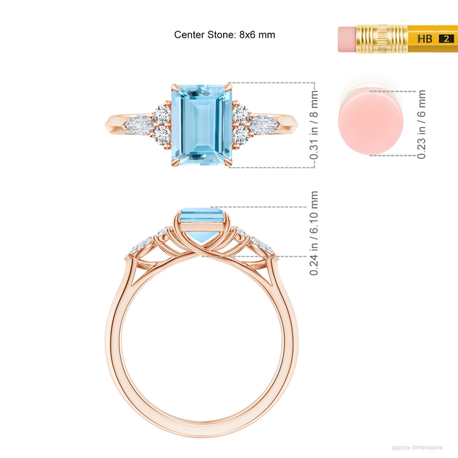8x6mm AAAA Emerald-Cut Aquamarine Side Stone Engagement Ring with Diamonds in Rose Gold ruler