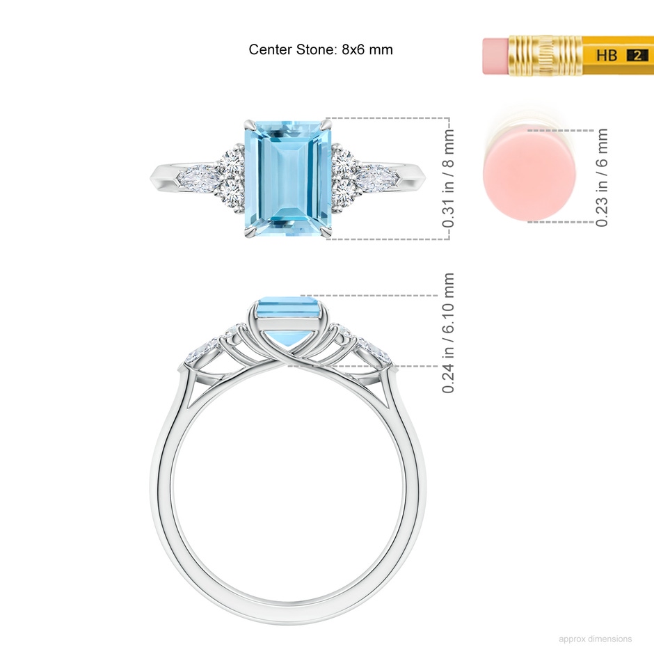 8x6mm AAAA Emerald-Cut Aquamarine Side Stone Engagement Ring with Diamonds in White Gold ruler