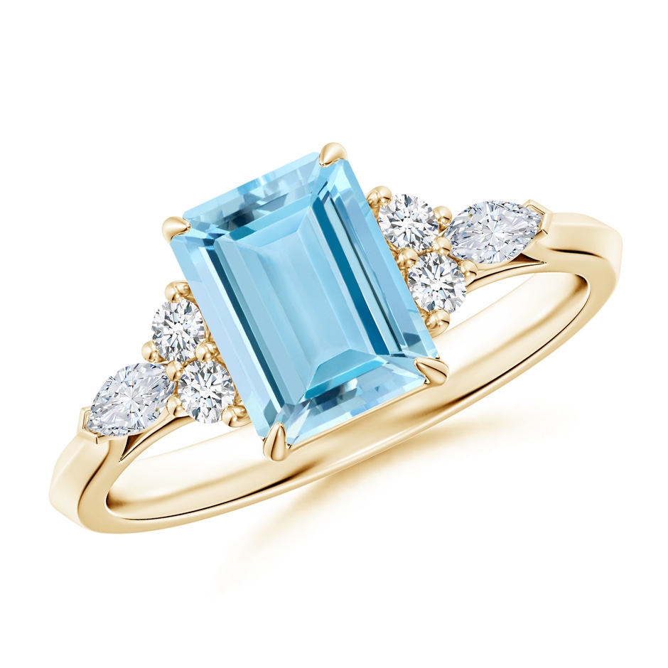 8x6mm AAAA Emerald-Cut Aquamarine Side Stone Engagement Ring with Diamonds in Yellow Gold 