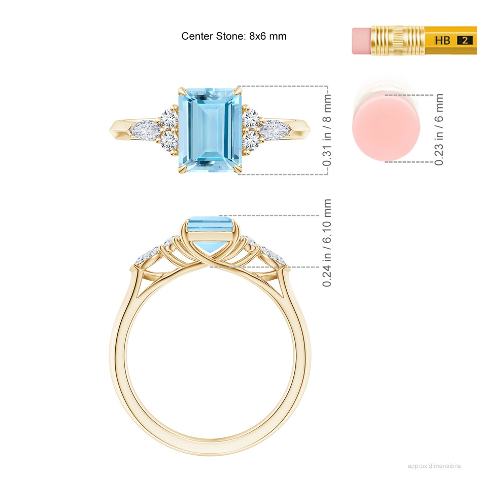 8x6mm AAAA Emerald-Cut Aquamarine Side Stone Engagement Ring with Diamonds in Yellow Gold ruler