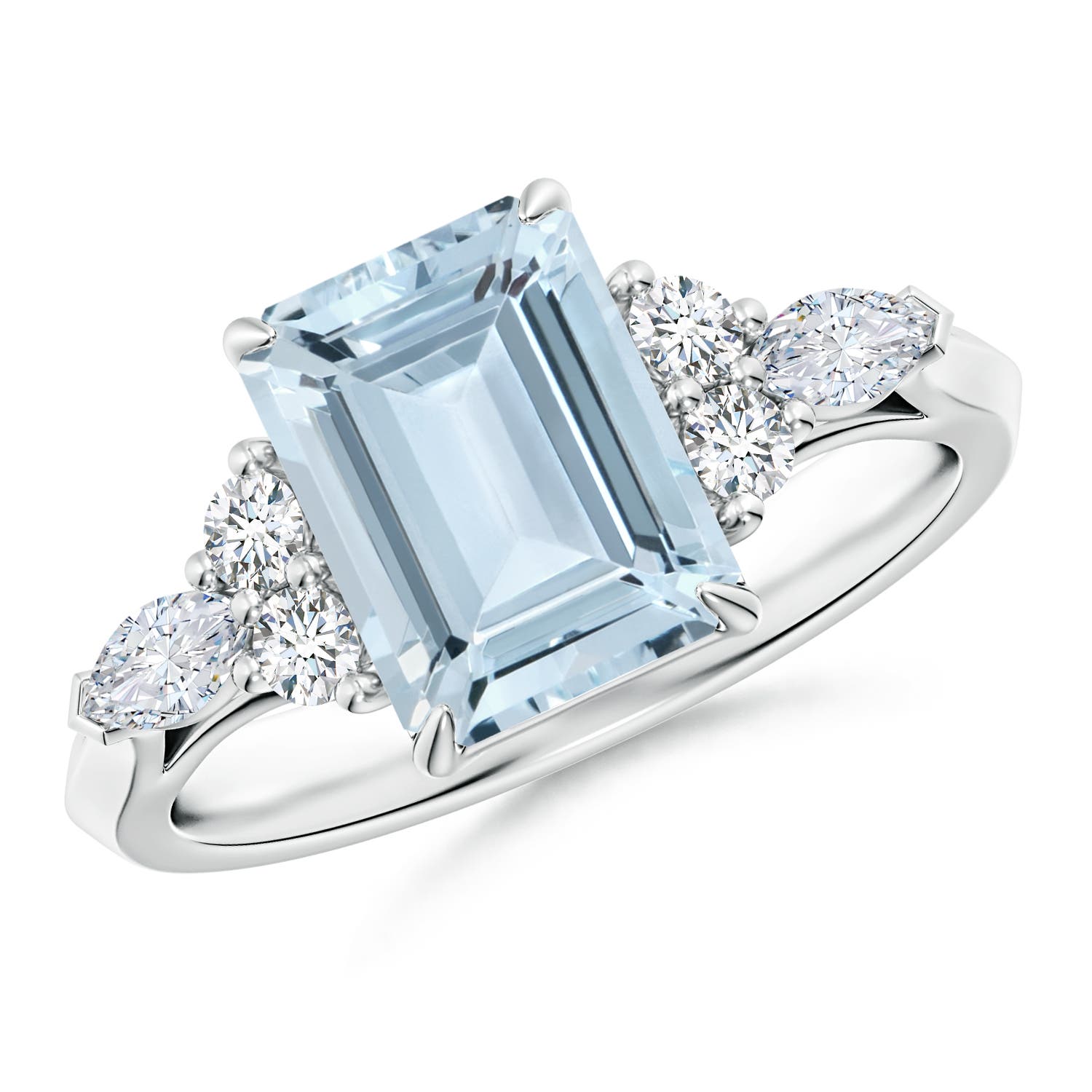 9x7mm A Emerald-Cut Aquamarine Side Stone Engagement Ring with Diamonds in P950 Platinum