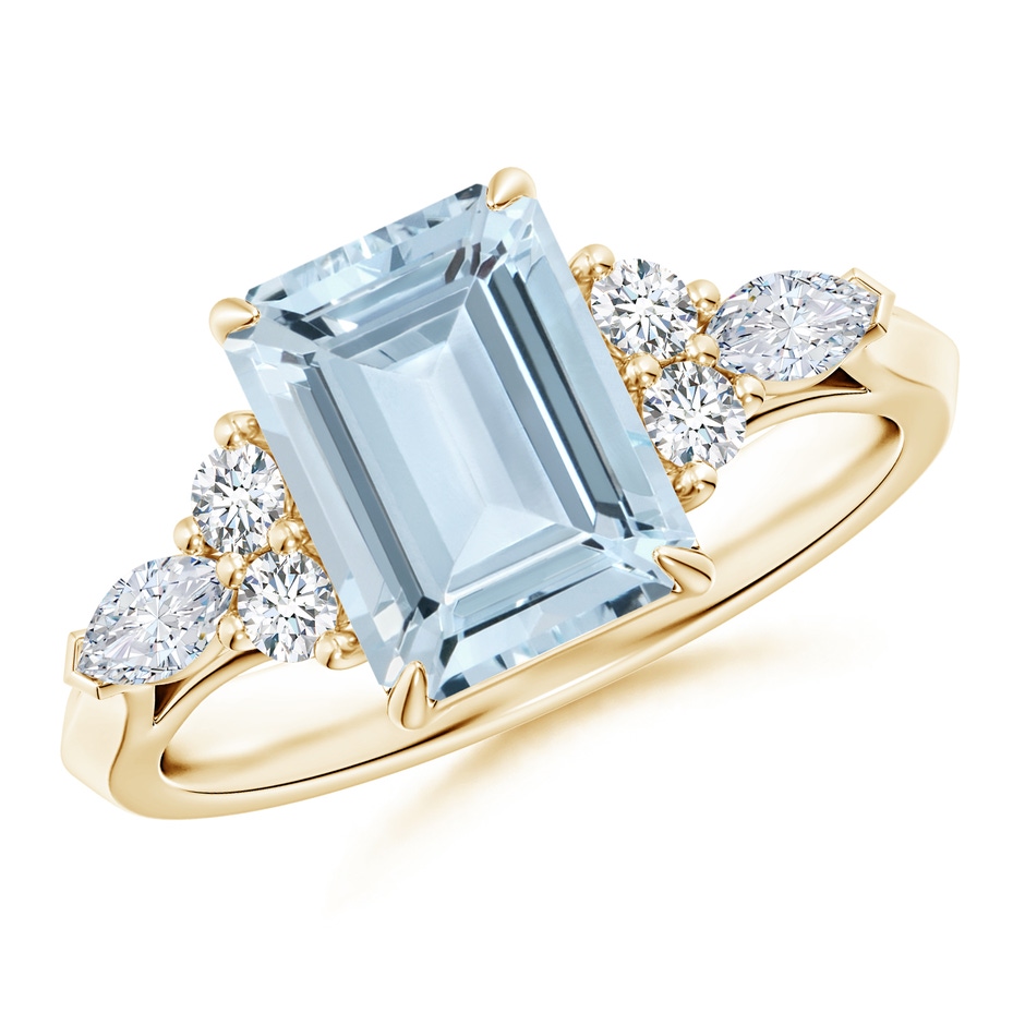 9x7mm A Emerald-Cut Aquamarine Side Stone Engagement Ring with Diamonds in Yellow Gold 