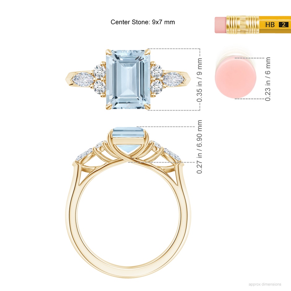 9x7mm A Emerald-Cut Aquamarine Side Stone Engagement Ring with Diamonds in Yellow Gold ruler