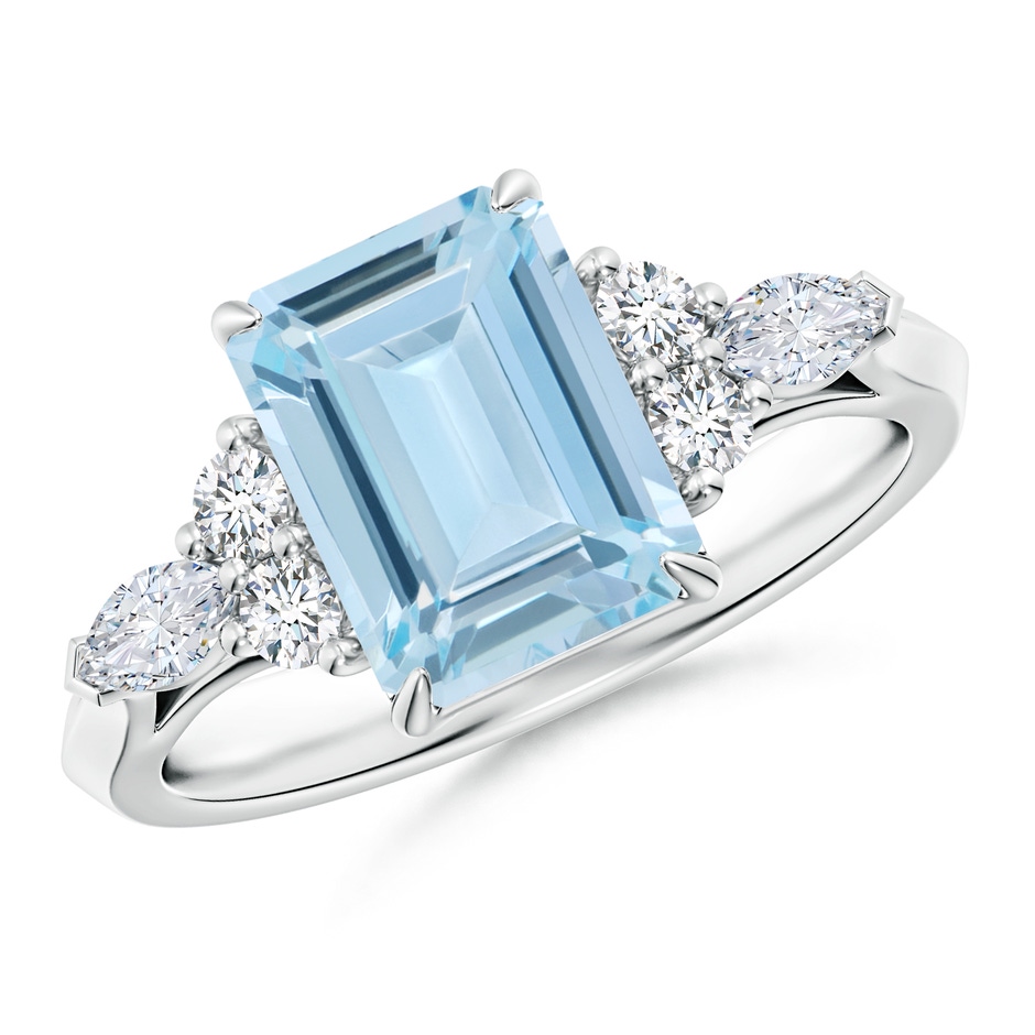 9x7mm AA Emerald-Cut Aquamarine Side Stone Engagement Ring with Diamonds in White Gold 