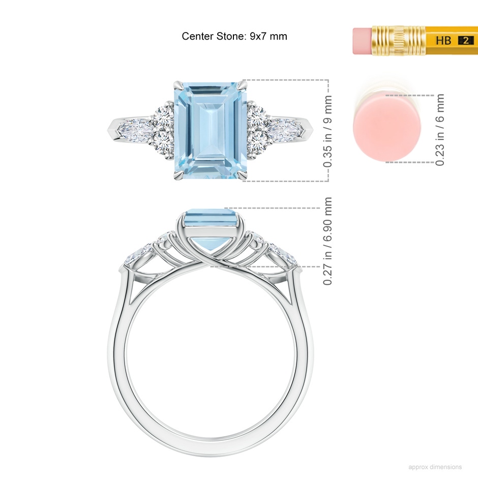 9x7mm AA Emerald-Cut Aquamarine Side Stone Engagement Ring with Diamonds in White Gold ruler