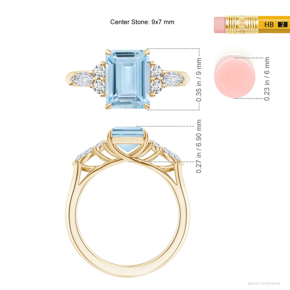 9x7mm AA Emerald-Cut Aquamarine Side Stone Engagement Ring with Diamonds in Yellow Gold ruler