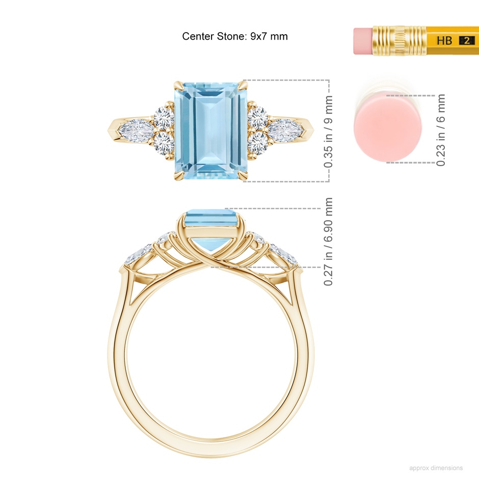 9x7mm AAA Emerald-Cut Aquamarine Side Stone Engagement Ring with Diamonds in Yellow Gold ruler
