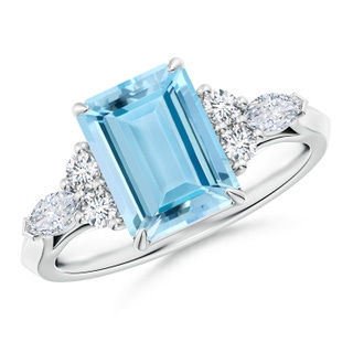 9x7mm AAAA Emerald-Cut Aquamarine Side Stone Engagement Ring with Diamonds in P950 Platinum