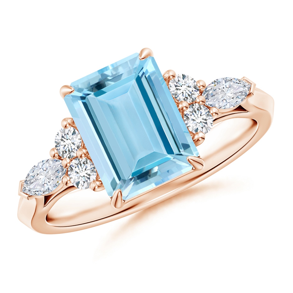 9x7mm AAAA Emerald-Cut Aquamarine Side Stone Engagement Ring with Diamonds in Rose Gold 