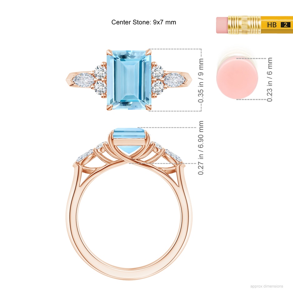 9x7mm AAAA Emerald-Cut Aquamarine Side Stone Engagement Ring with Diamonds in Rose Gold ruler