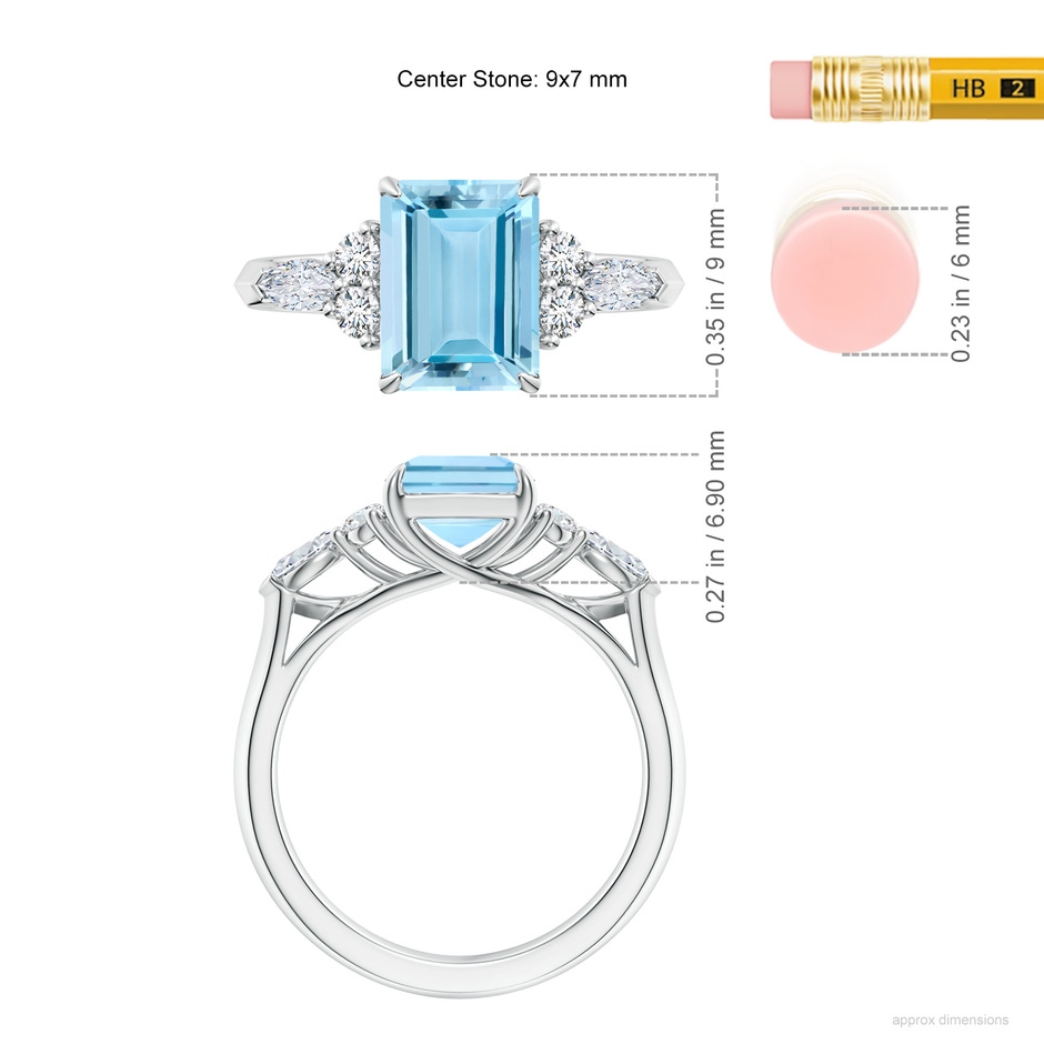 9x7mm AAAA Emerald-Cut Aquamarine Side Stone Engagement Ring with Diamonds in White Gold ruler
