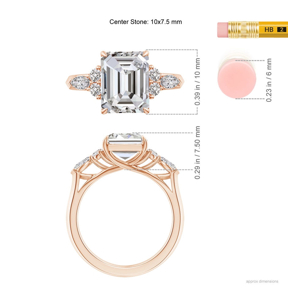 10x7.5mm IJI1I2 Emerald-Cut Diamond Side Stone Engagement Ring with Diamonds in Rose Gold ruler