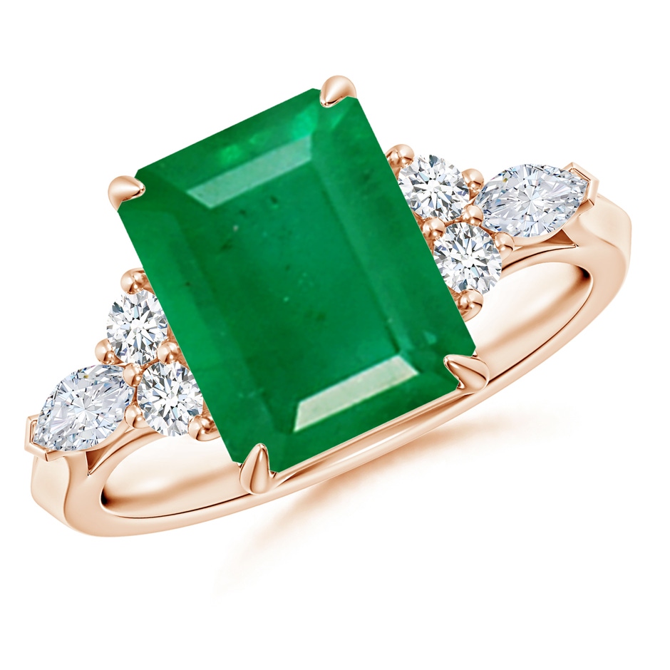 10x8mm AA Emerald-Cut Emerald Side Stone Engagement Ring with Diamonds in 18K Rose Gold 