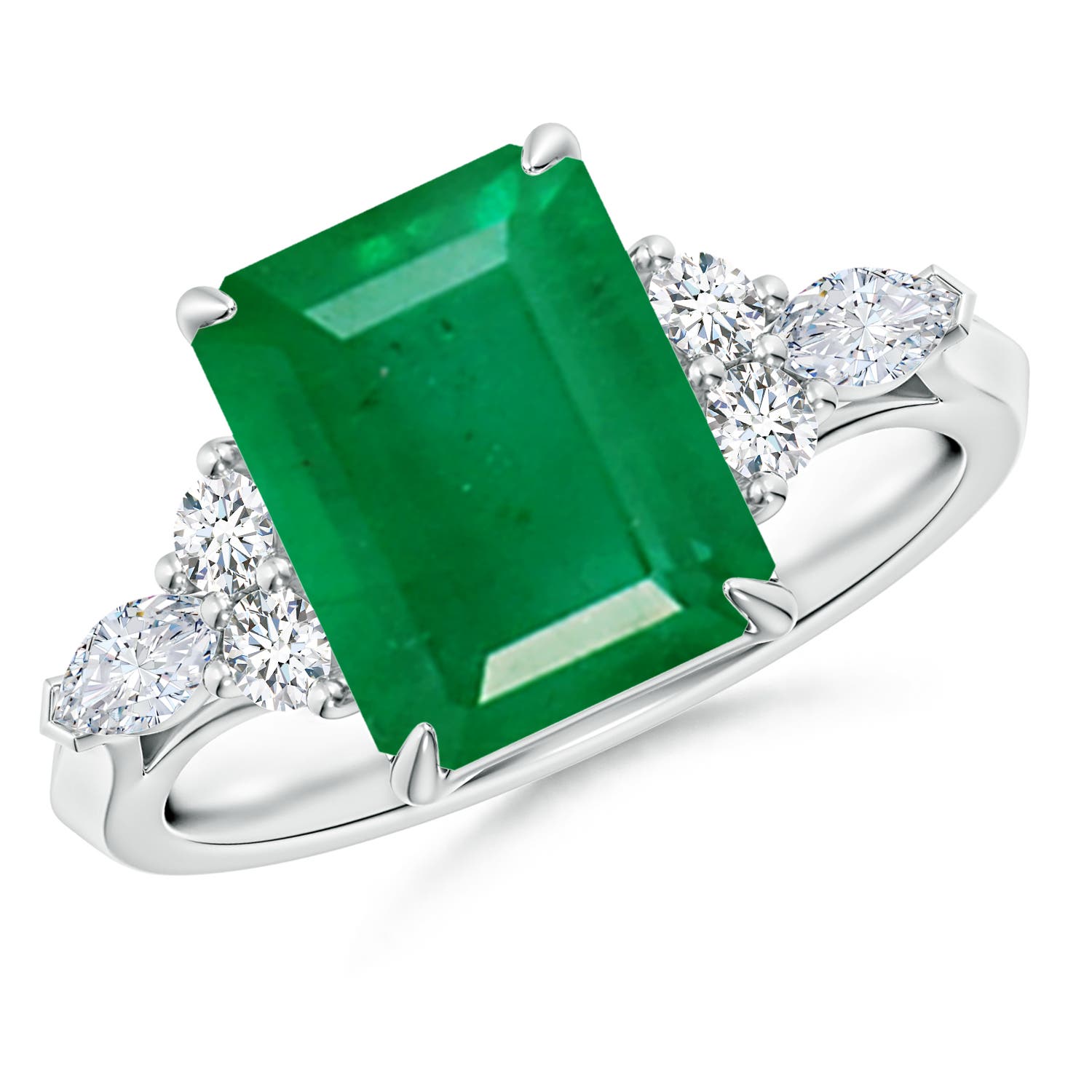 10x8mm AA Emerald-Cut Emerald Side Stone Engagement Ring with Diamonds in White Gold