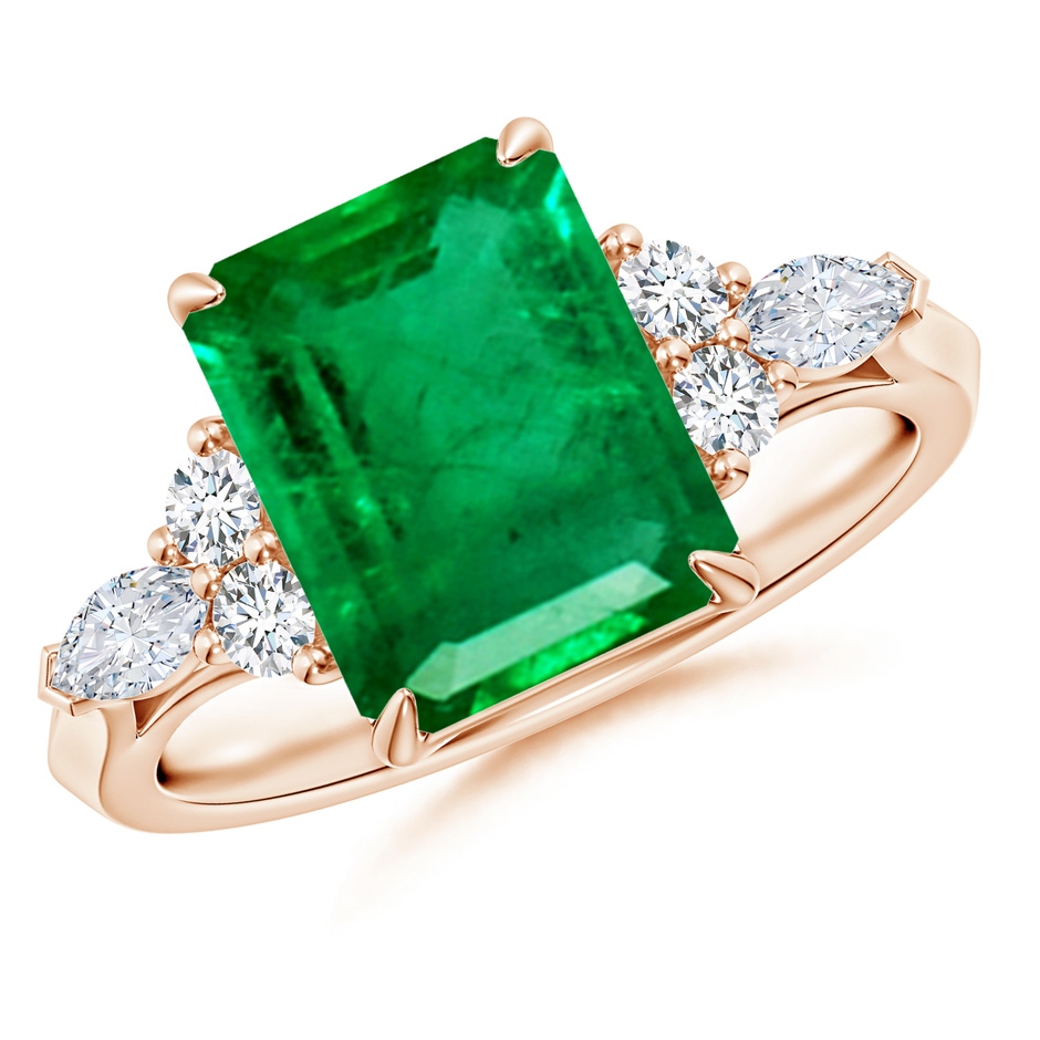 10x8mm AAA Emerald-Cut Emerald Side Stone Engagement Ring with Diamonds in 18K Rose Gold 