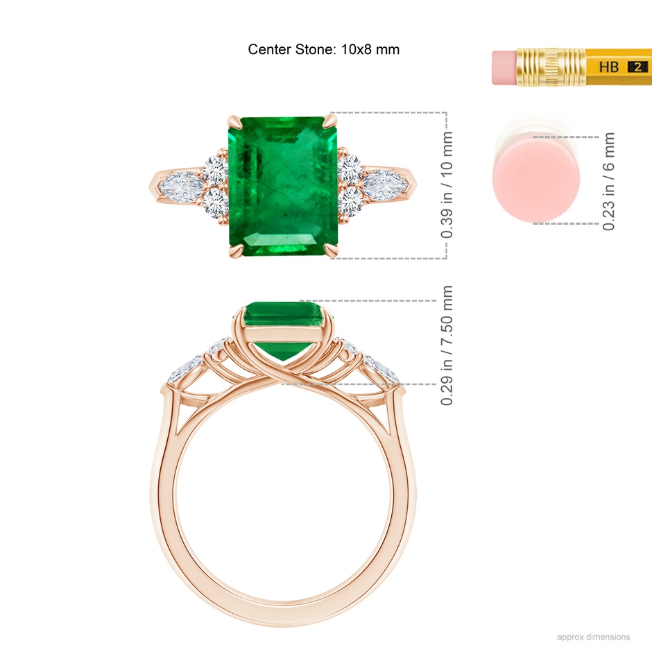 10x8mm AAA Emerald-Cut Emerald Side Stone Engagement Ring with Diamonds in 18K Rose Gold ruler