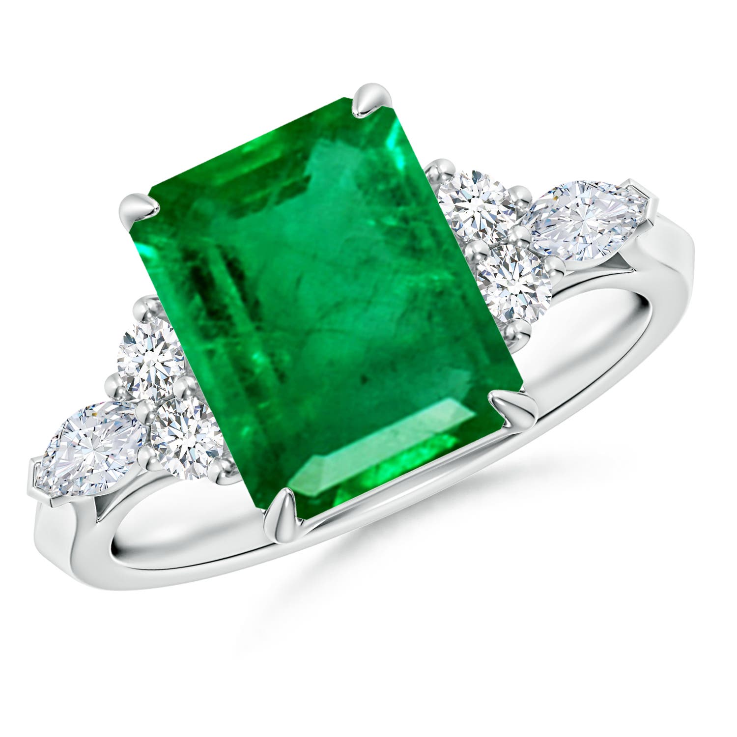 10x8mm AAA Emerald-Cut Emerald Side Stone Engagement Ring with Diamonds in White Gold